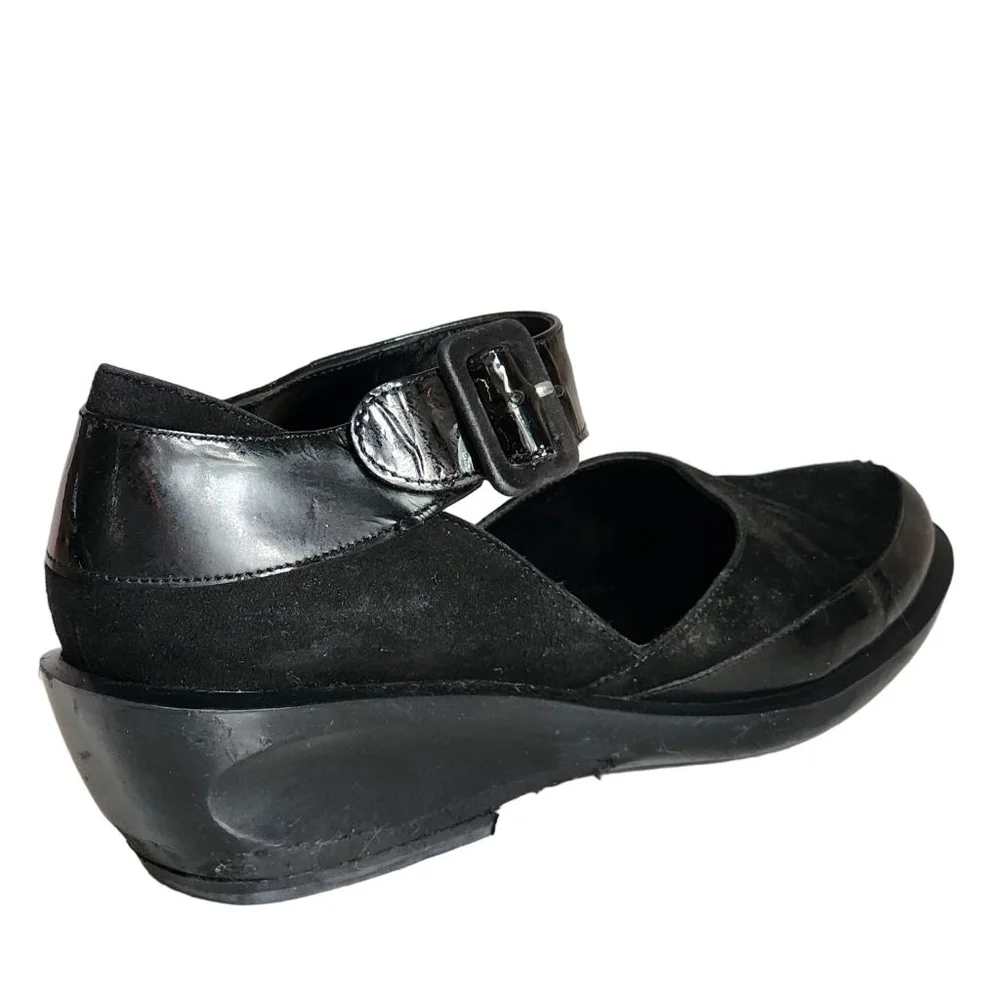 ROBERT CLERGERIE Black Suede Patent Leather‎ Ankle Strap Wedges 8.5